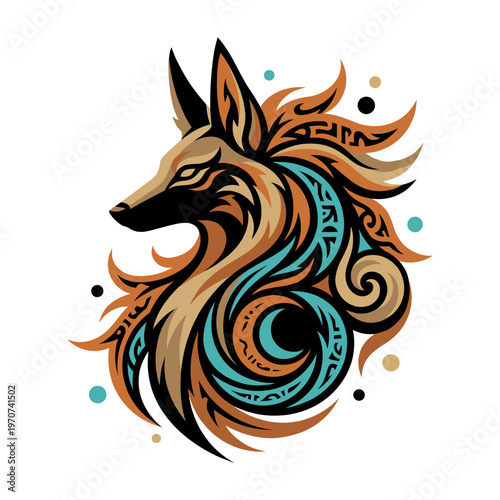 Ornamental fox spirit head woven from sand gold curls and turquoise moon motifs creates a totemic desert emblem that blends tribal flow cunning grace and nocturnal mystique