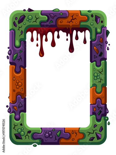 Patchwork slime border built from purple green and orange blocks with blood red drips and cracked goo textures leaving a tall blank center for monster notes spooky cards and game overlays
