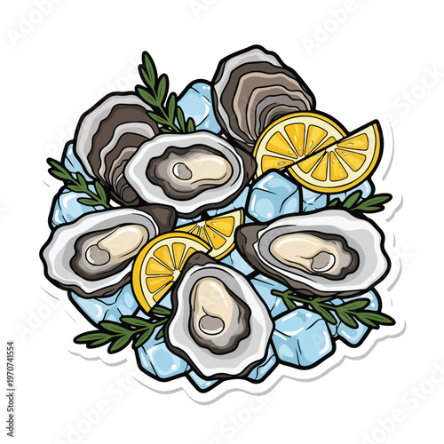 A plate of oysters on ice with lemon slices