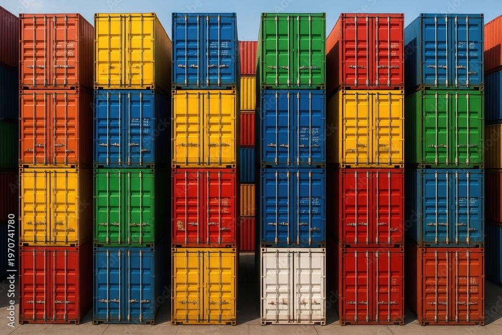 Fototapeta premium Stacked metal freight containers forming vibrant industrial walls, logistics storage yard, shipping cargo blocks, global trade supply chain.