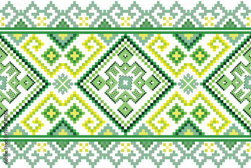 A highly detailed pixel art border pattern inspired by traditional hand-woven textiles and ethnic embroidery. This vector design features complex diamond-shaped medallions.