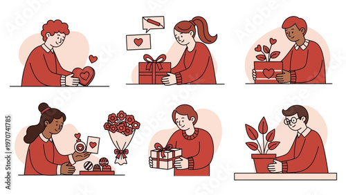 A collection of illustrations depicting people exchanging gifts and expressing affection, perfect for celebrating love and special occasions.
