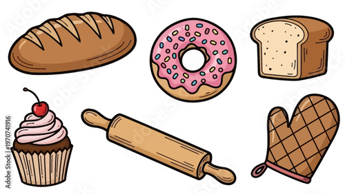 Assortment of freshly baked goods and baking tools in a delightful cartoon style.
