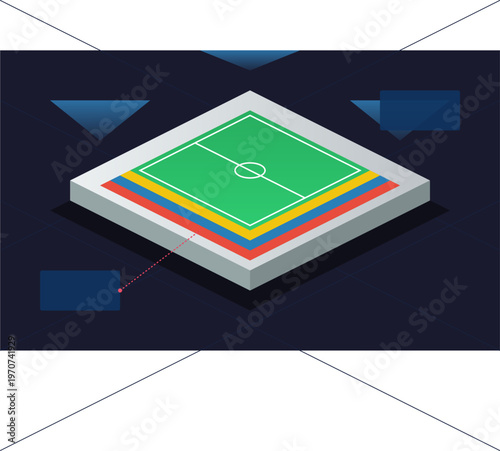 Hand-drawn isometric football stadium concept featuring a vibrant green field with colorful spectator seating modern design authentic illustration