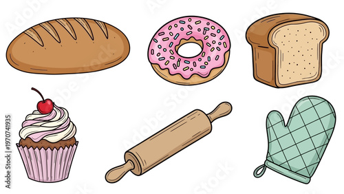 Assortment of freshly baked goods and baking tools.