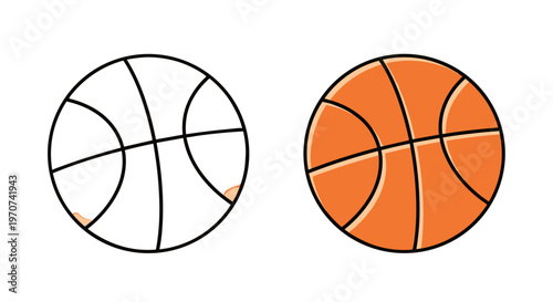 Two basketballs side by side one outlined and unfinished the other fully colored