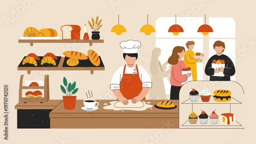 Baker preparing dough in a bakery with customers.