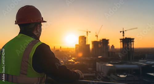 A construction worker in a hard hat and safety vest looks out over a city skyline at sunset