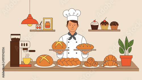 Baker proudly presents freshly baked bread and pastries in a cozy bakery setting.