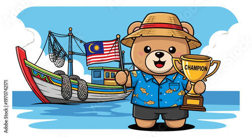 Cartoon bear wearing straw hat and floral shirt holding trophy with fishing boat