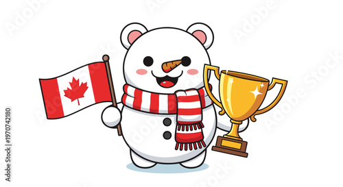 Kawaii snowman character holding canadian flag and golden trophy celebrating