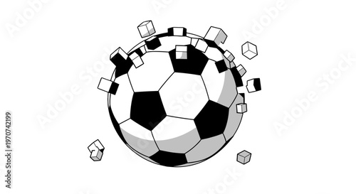 Abstract soccer ball exploding into geometric cubes representing sport concept