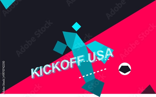 Hand-drawn vibrant low-poly soccer player silhouette performing mid-air action for a dynamic match day event USA authentic illustration