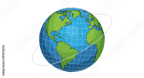 Stylized 3d globe with continents and grid lines orbiting satellite path