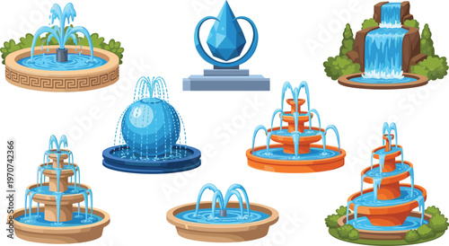 Illustration Set of Decorative Water Fountains Including Garden, Park, and Cascade Designs for Landscape, Architecture, and Outdoor Decoration Projects