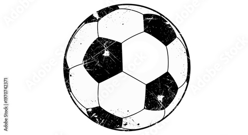 Classic black and white soccer ball with textured surface and grunge effect