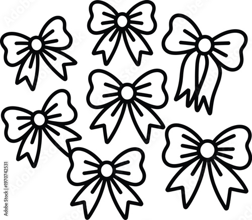 Collection of seven hand-drawn bow icons in black outline on a white background with gift wrapping with hair accessory