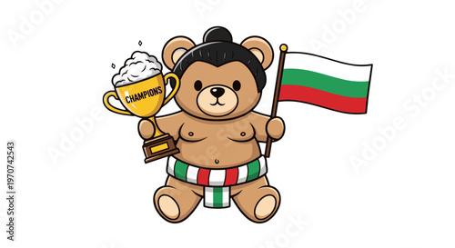 Cute sumo bear character holding trophy and bulgarian flag cartoon style