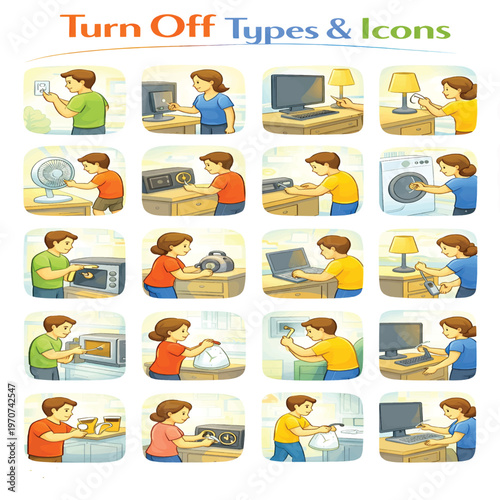 Turn Off Icons Set, Power Shutdown and Disable Symbols Collection, Switch Off Line Icons, Control and Energy Saving Vector Pack