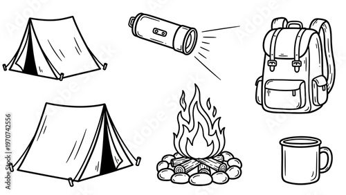 Camping gear collection with tents campfire backpack and flashlight.