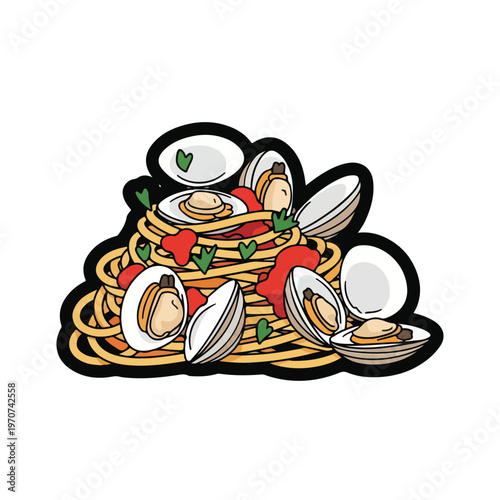 A plate of spaghetti with clams and tomato sauce