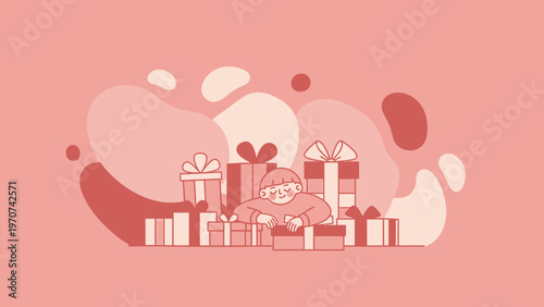 Child surrounded by numerous wrapped gift boxes, celebrating a special occasion.