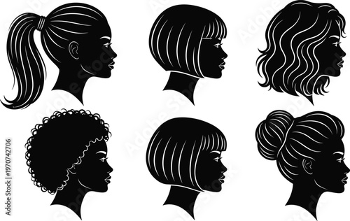 Illustration Set of Diverse Hairstyles in Silhouette Including Ponytail, Bob, Curly, and Updo for Fashion, Beauty, and Hair Design