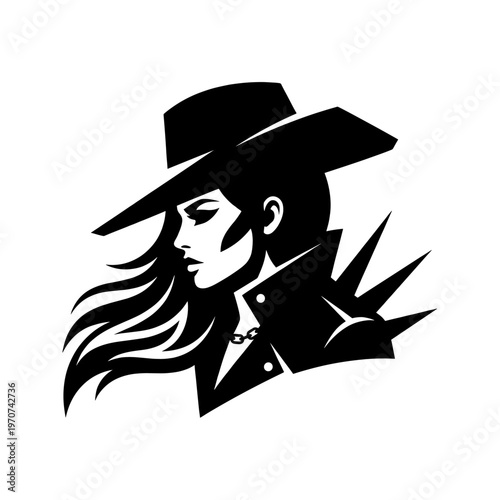 Noir woman in a wide brim fedora and sharp collared coat appears as a stark monochrome silhouette that channels femme fatale mystery cold confidence and classic detective tension