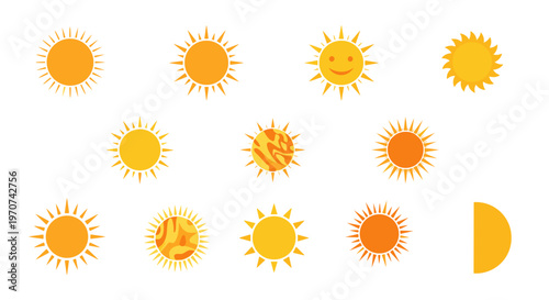 Collection of diverse sun illustrations weather icons and celestial body graphics