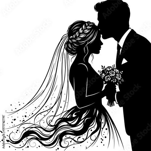 Romantic wedding silhouette of a bride with braided veil and bouquet meeting her groom in a forehead kiss, designed as an elegant monochrome emblem for marriage vows and bridal stationery