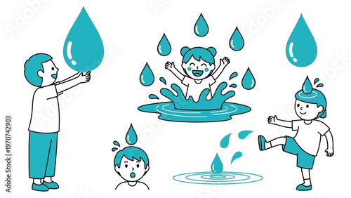 Children playing with water drops and splashes enjoying summer fun.