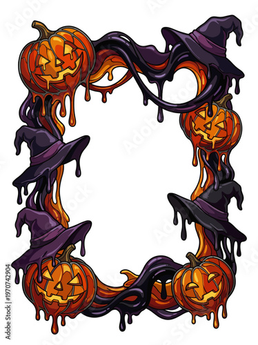 Witch hats and jack o lantern faces melt through a shadowy purple border where sticky drips twist around a blank center to stage eerie invitations and playful haunted season graphics