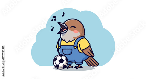 Cute cartoon bird in overalls singing joyfully next to a soccer ball