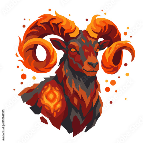 Fiery ram portrait with blazing spiral horns and ember flecks, turning zodiac strength into a molten guardian emblem that channels elemental heat, stubborn will, and mythic mountain power