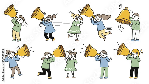 Children Ringing Large Golden Bells with Joy and Excitement.