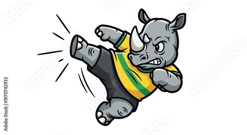 Cartoon rhino character performing dynamic kickboxing move energetic animal mascot
