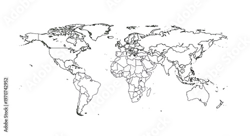 Outline world map showing all countries and continents in black and white vector