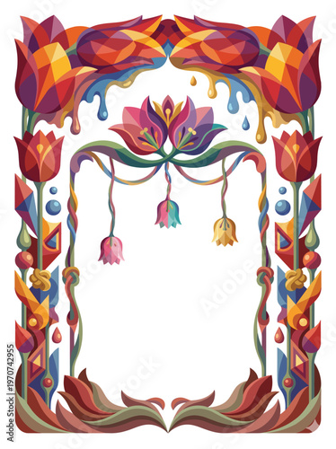 Jewel toned tulip frame with faceted petals, ribbonlike stems, and paintlike drips shaping a folkloric floral border around open space for spring invitations, garden menus, and ornate cards