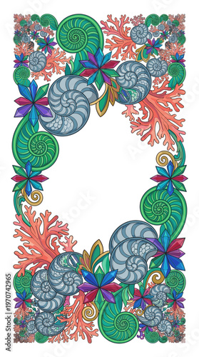 Ammonite spirals coral branches and jewel toned blossoms weave an underwater fossil border around open space turning reef memory into a dreamlike oceanic frame with natural ornament