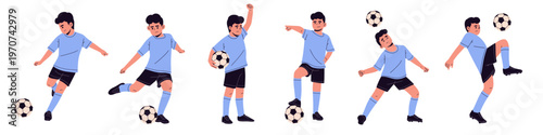 vector set of a kids soccer player in different poses, including dribbling, kicking, juggling, and celebrating with a ball. ideal for sports design, football training concepts, youth activities, life
