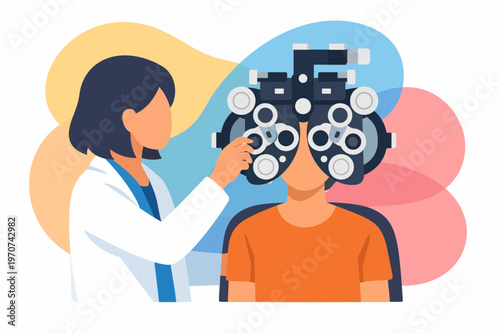 Optometrist examining patient vision using a phoropter device