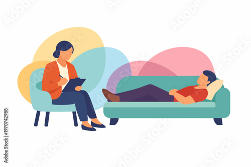 Psychologist consulting a patient lying on a sofa during therapy