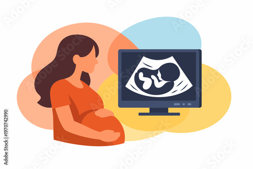 Pregnant Woman Looking at Ultrasound Scan Monitor Vector Illustration