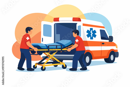 Paramedics loading medical stretcher into ambulance van illustration
