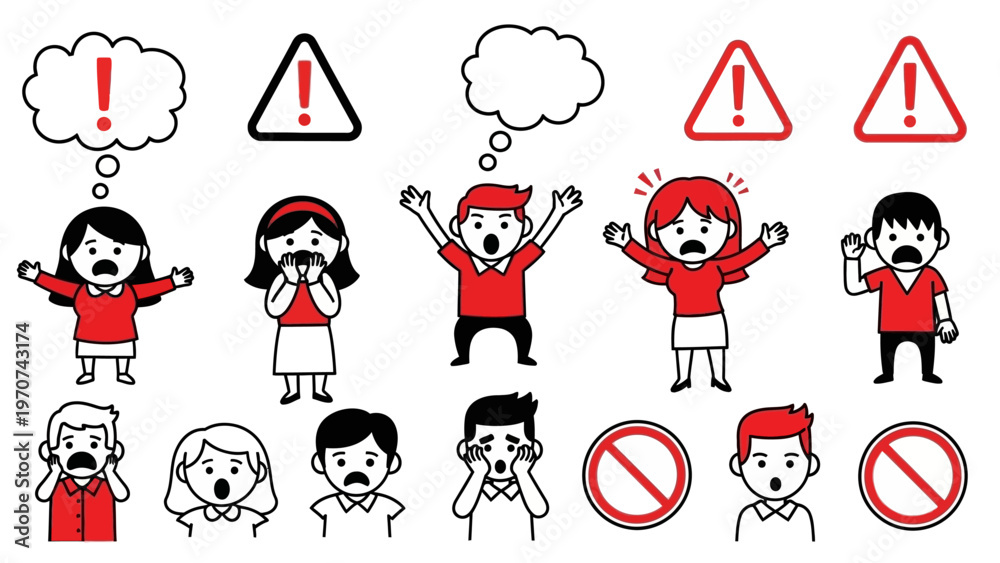 Fototapeta premium Collection of cartoon characters expressing shock and fear with warning signs.