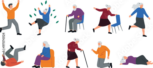 Illustration Set of Elderly People in Different Actions Including Walking, Sitting, and Falling for Healthcare, Wellness, and Senior Care Designs