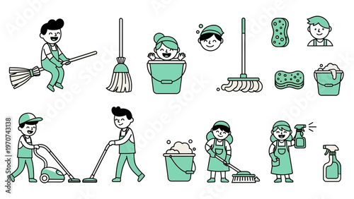 Collection of cartoon characters engaged in cleaning activities with various tools.