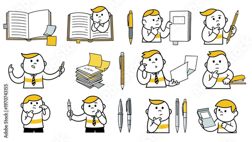 Collection of cartoon businessmen thinking and working with office supplies.