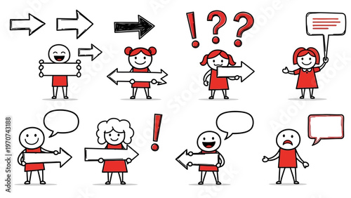 Collection of cartoon characters holding signs and speech bubbles with arrows and punctuation marks.