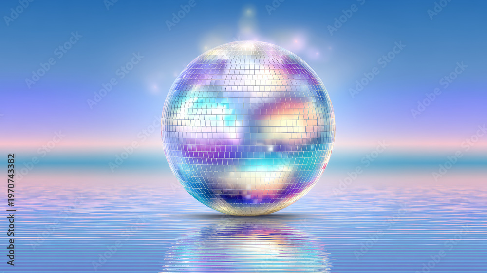 Obraz premium Iridescent disco ball holographic sphere fantasy sky water reflection dreamy glow colorful art